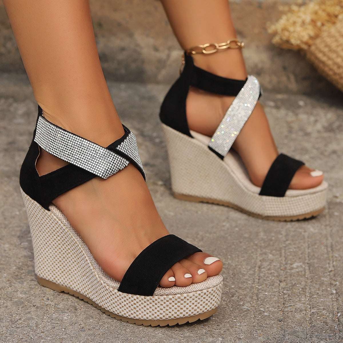 Rhinestone Embellished Wedge Sandals