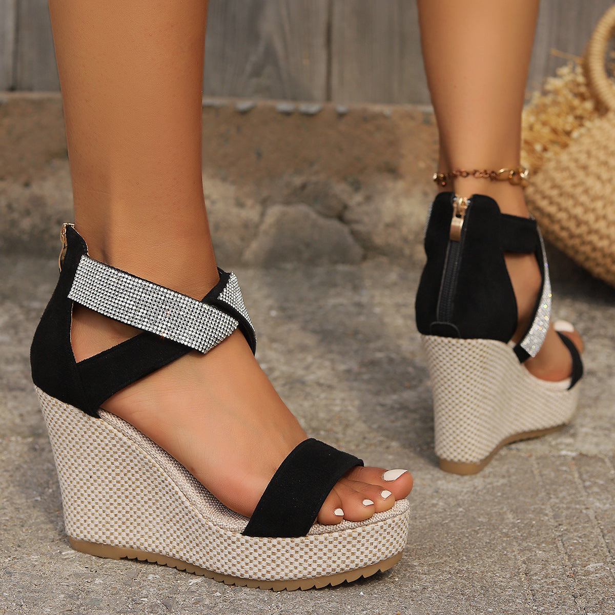 Rhinestone Embellished Wedge Sandals