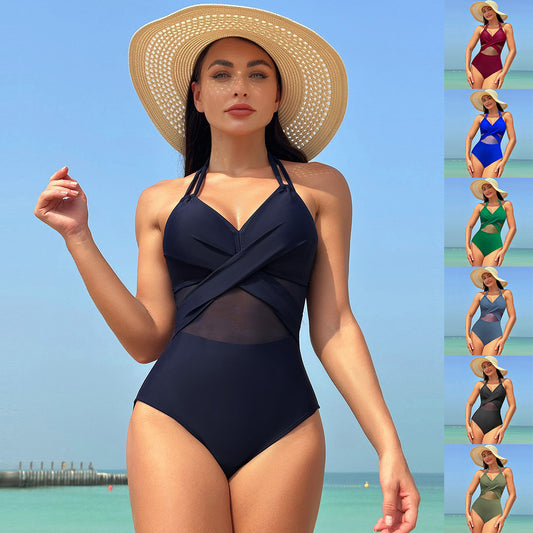 Cross-Strap Mesh One-Piece Swimsuit